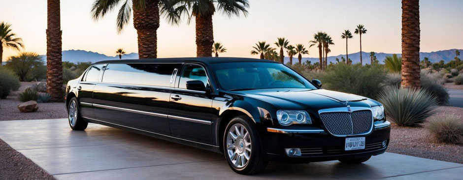 A sleek black limousine waits outside a luxurious resort in Paradise Valley, Arizona, surrounded by palm trees and the desert landscape