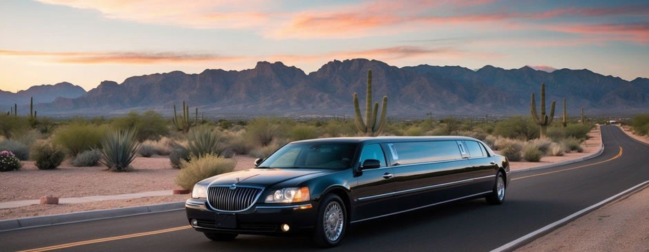 A sleek limousine glides through the scenic streets of Paradise Valley, Arizona, with the majestic mountains in the background